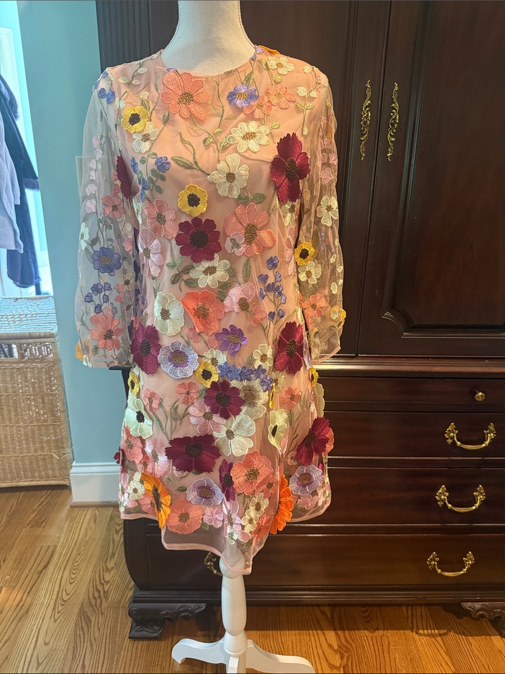 Storia Pink Sheer Mini Dress with Multicolor Floral Embroidery